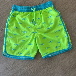 Cat & Jack Boys Neon Green Shark Swim Trunks | Blue Trim | Size 10/12